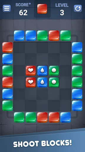 Block Out level 3 showing shoot blocks gameplay with colorful tiles and special power-up icons in center