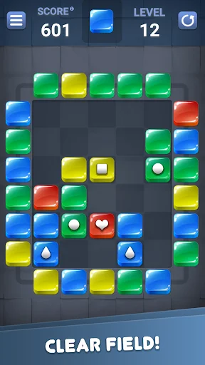Block Out puzzle game level 12 clear field challenge with multicolored blocks and special icon tiles