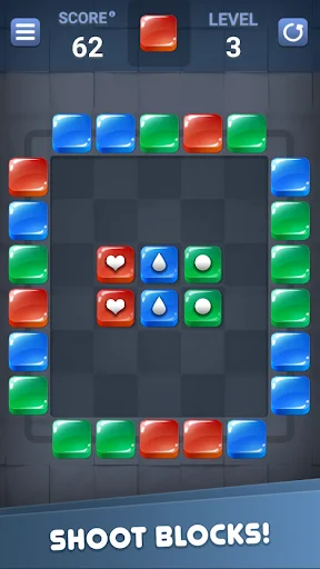 Block Out shoot blocks level 3 with tactical puzzle board showing red, blue, green blocks and special tiles