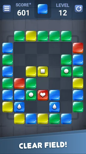 Block Out clear field level 12 advanced puzzle with yellow, blue, green, red blocks and power-up icons