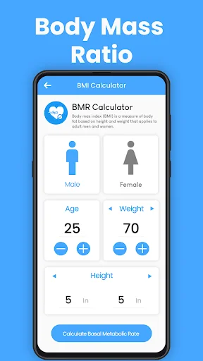 BMR Calculator screen with gender selection, age 25, weight 70, height input fields and calculate button