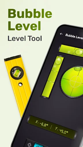 Bubble Level app interface displaying X and Y angle measurements with smartphone screen and yellow bubble level tool