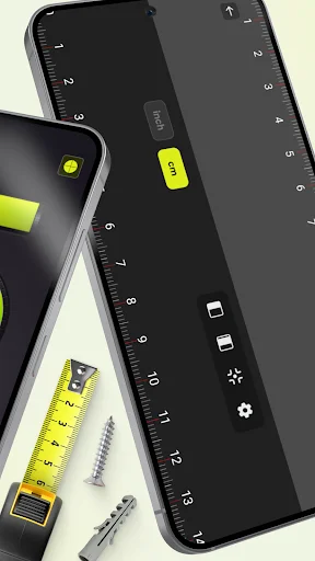 Bubble Level app dark interface showing measurement scale, level indicator bar, and settings controls for device