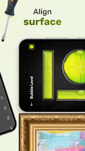 Bubble Level app showing circular spirit level gauge and vertical bars to align surfaces for leveling projects