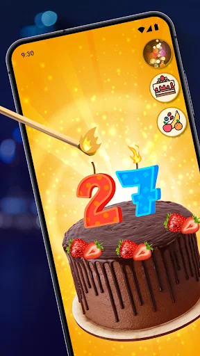 Cake Maker app showing chocolate birthday cake with number 27 candles and strawberry decorations on golden background