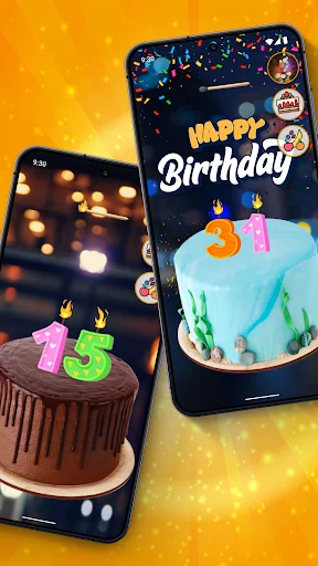 Two smartphones showing different custom birthday cake designs with number candles in Cake Maker app