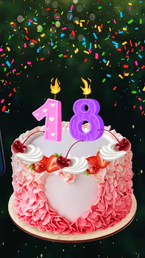 Elegant pink birthday cake with lit number 18 candles cherries and colorful confetti celebration background