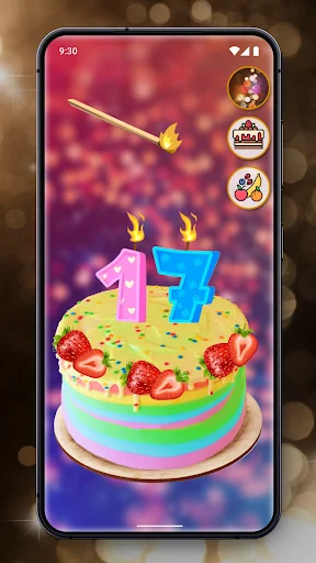 Vibrant rainbow layer cake with number 17 candles and strawberries in Cake Maker birthday party app