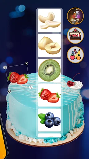 Birthday cake customization screen with blue frosted cake and fruit topping selection menu in Cake Maker app