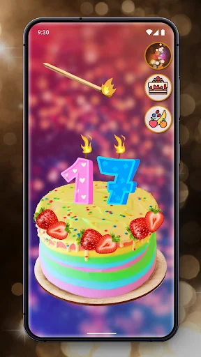 Rainbow frosted birthday cake with number 17 candles and strawberries shown in Cake Maker app interface