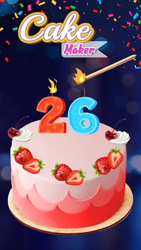 Cake Maker app title screen with pink ombre birthday cake decorated with number 26 candles and strawberries
