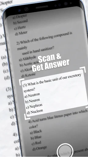 CamSolve app scanning printed homework question with camera to get instant answers to multiple choice problems