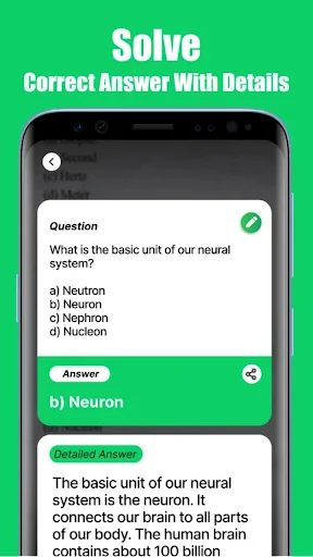 CamSolve showing solved biology question with detailed answer explanation about neuron units in neural system