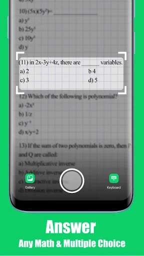CamSolve camera view scanning math worksheet to solve polynomial and multiple choice questions instantly