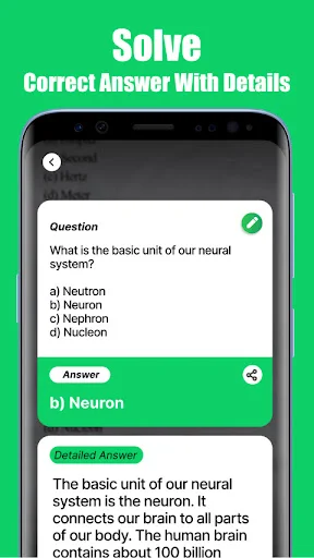 CamSolve answer solver app showing correct biology answer with detailed neuron explanation and facts