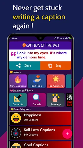 Captions for Photos app home screen showing daily caption, share and copy buttons, category tiles for quotes