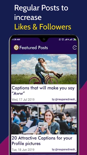 Featured posts feed showing Instagram captions with images, dates, and authors to increase engagement