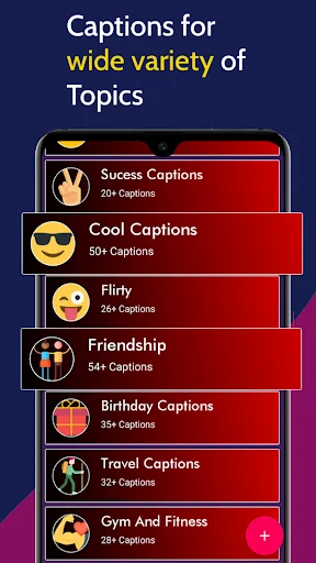 Caption categories menu with topics including cool, flirty, friendship, birthday, travel, and fitness captions