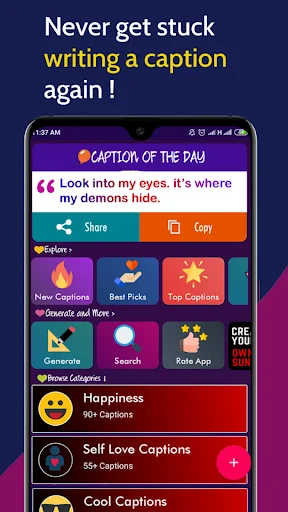 Captions for Photos app main interface with caption of the day, browse categories, and share options