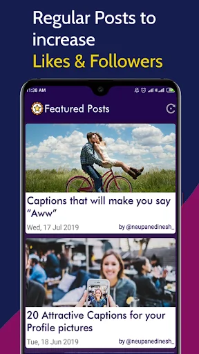 Featured posts section displaying caption ideas with photos to boost likes and followers on Instagram
