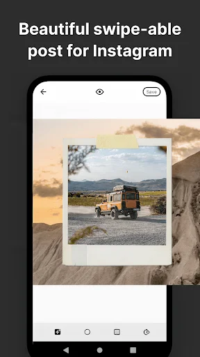 Panorama Scroll Carousel Maker app showing swipeable Instagram post with panoramic desert landscape photo