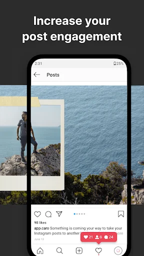 Instagram feed preview showing panoramic carousel post to increase engagement with ocean scenery