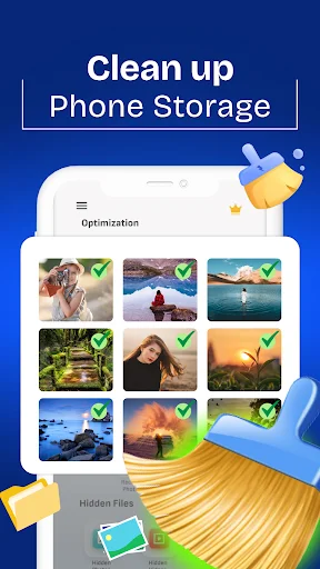 Phone storage optimization interface displaying selectable photos with checkmarks to clean up and remove unnecessary files