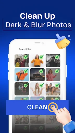 Clean Space dark and blurry photo cleaner with selected low-quality photos marked with green checkmarks and CLEAN action button