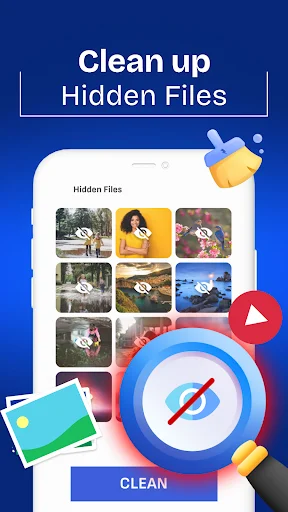 Hidden files cleanup screen showing grid of selectable photos with CLEAN button to remove unwanted hidden files from device