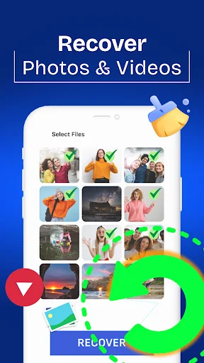 Photo and video recovery interface with selectable media files and checkmarks to restore deleted photos and videos from storage