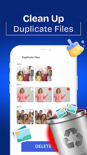 Duplicate files cleanup screen showing grouped duplicate photo sets with checkmarks and DELETE button to remove duplicate copies