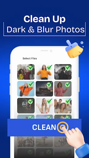 Dark and blurry photos cleanup screen with selectable photo grid and checkmarks to identify and remove poor quality images