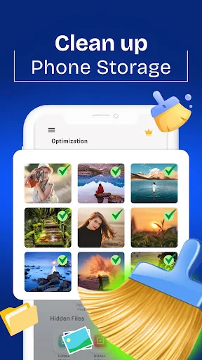 Clean Space optimization screen showing selected photos with checkmarks for phone storage cleanup and hidden files detection feature