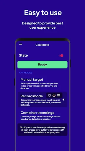 Clickmate main interface showing app modes: State, Manual target, Record mode, and Combine recordings options