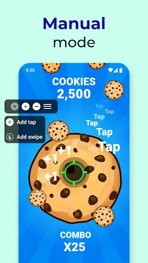 Manual mode in Clickmate showing cookie clicker game with add tap and add swipe controls for automation