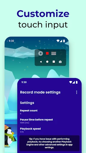 Customize touch input screen showing record mode settings with repeat count, pause time, and playback speed options