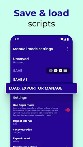 Save and load scripts feature in Clickmate with manual mode settings and export/manage automation options
