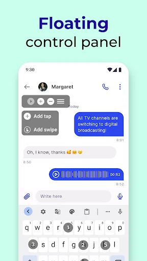 Floating control panel overlay with add tap and add swipe buttons displayed over messaging app interface