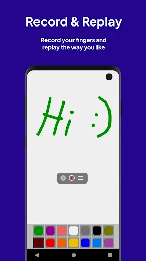 Record and replay feature showing handwritten Hi :) with drawing app and Clickmate control panel