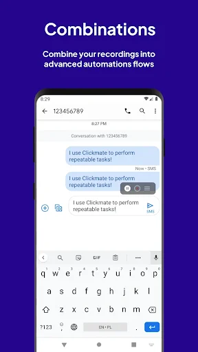 Combinations feature showing automated message sending in chat app using Clickmate automation flows