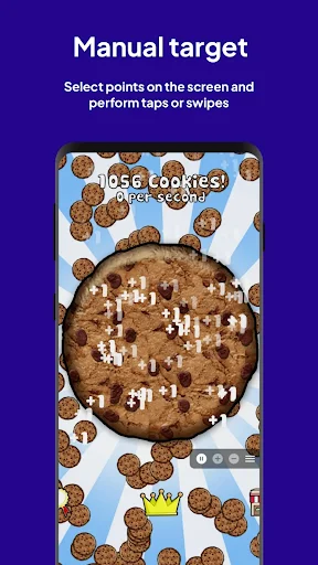 Manual target mode displaying cookie clicker game with multiple tap points marked for automated clicking