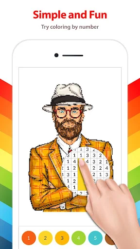 Pixel art portrait with color-by-number gameplay, selecting numbered colors to fill pixelated sections