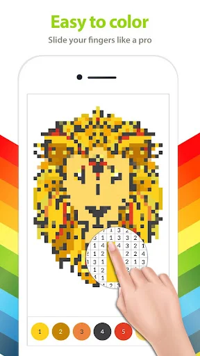 Lion pixel art colored by swiping finger across numbered color palette buttons for easy painting mechanics