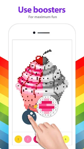 Pixel art ice cream design with booster power-ups and color number selection for enhanced coloring gameplay
