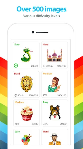 Browsable gallery displaying 500+ pixelated coloring images with easy, medium, and hard difficulty levels
