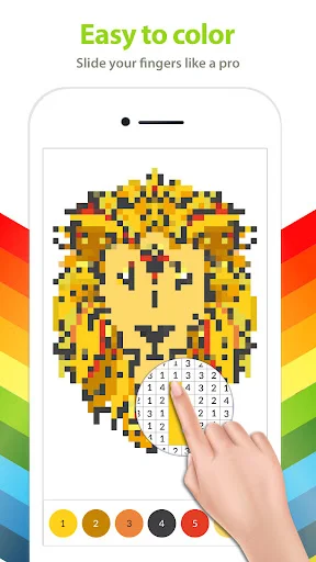 Pixel art lion coloring game with numbered grid and finger drag interaction for adult puzzle coloring
