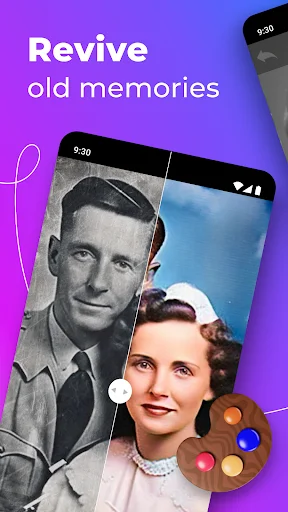 AI photo colorization app showing vintage black and white couple portrait transforming to color