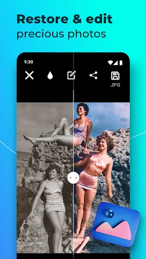 Photo restoration app with split view of vintage beach photo being colorized and edited