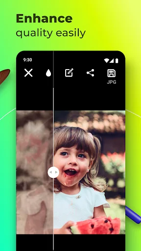 Photo enhancement app with quality improvement feature showing child photo before and after enhancement