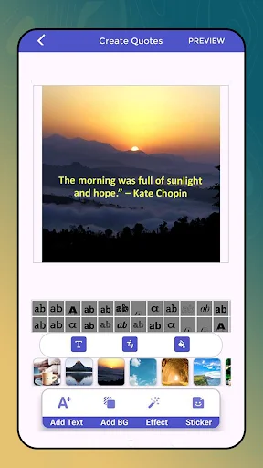 Quote creation tool with sunset background image, text editing, font selection buttons, and customization options for effects and stickers
